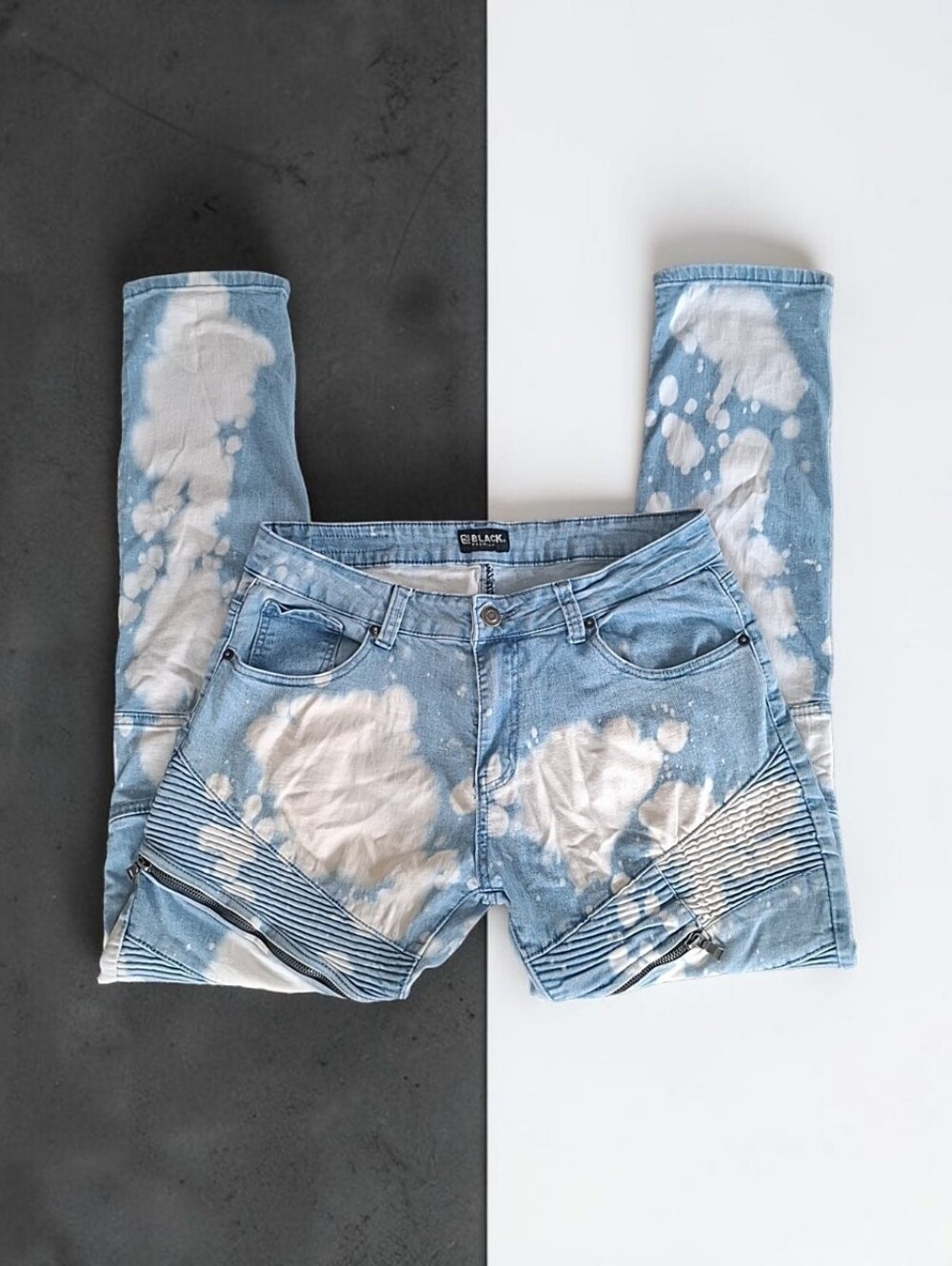 Black Premium Men’s Blue/White Light Wash Bleach Splash Denim Skinny Slim Fit